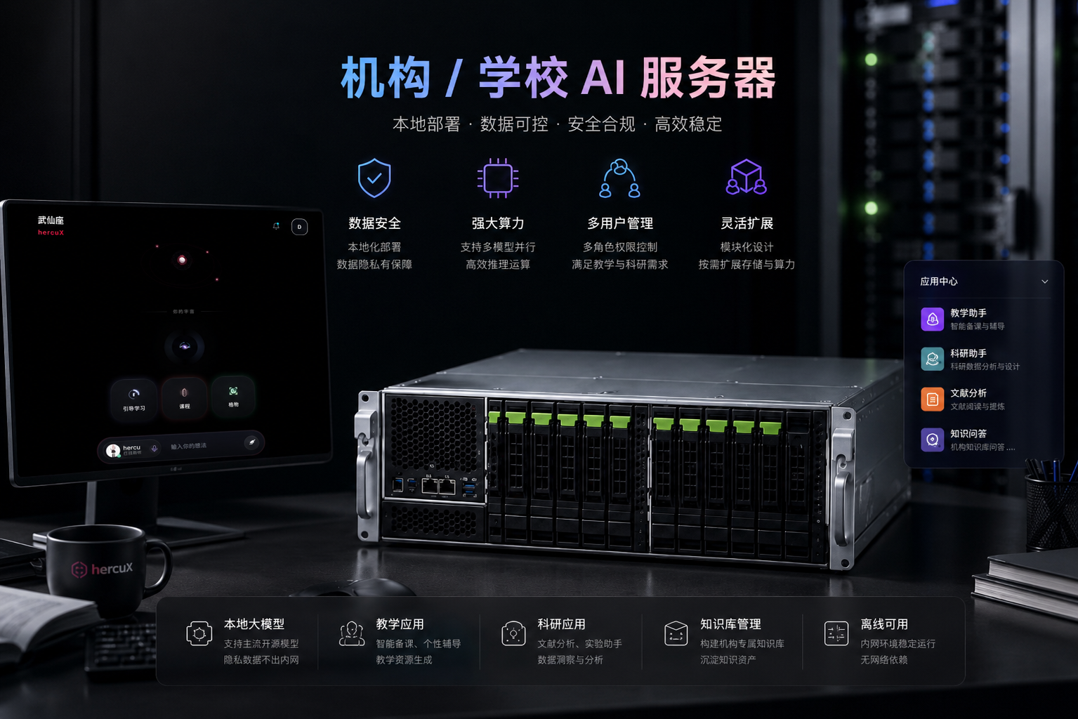 家庭、机构和学校 AI 服务器、本地模型与 HercuX 应用一体化部署效果图